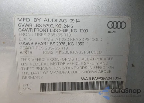 2015 Audi Q5 2.0T Premium из США, поврежденный, VIN WA1LFAFP3FA041094